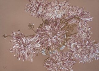 dessin au pastel sec de dahlias par Manifa Kind. Couleurs blanches et bordeaux sur un fond brun